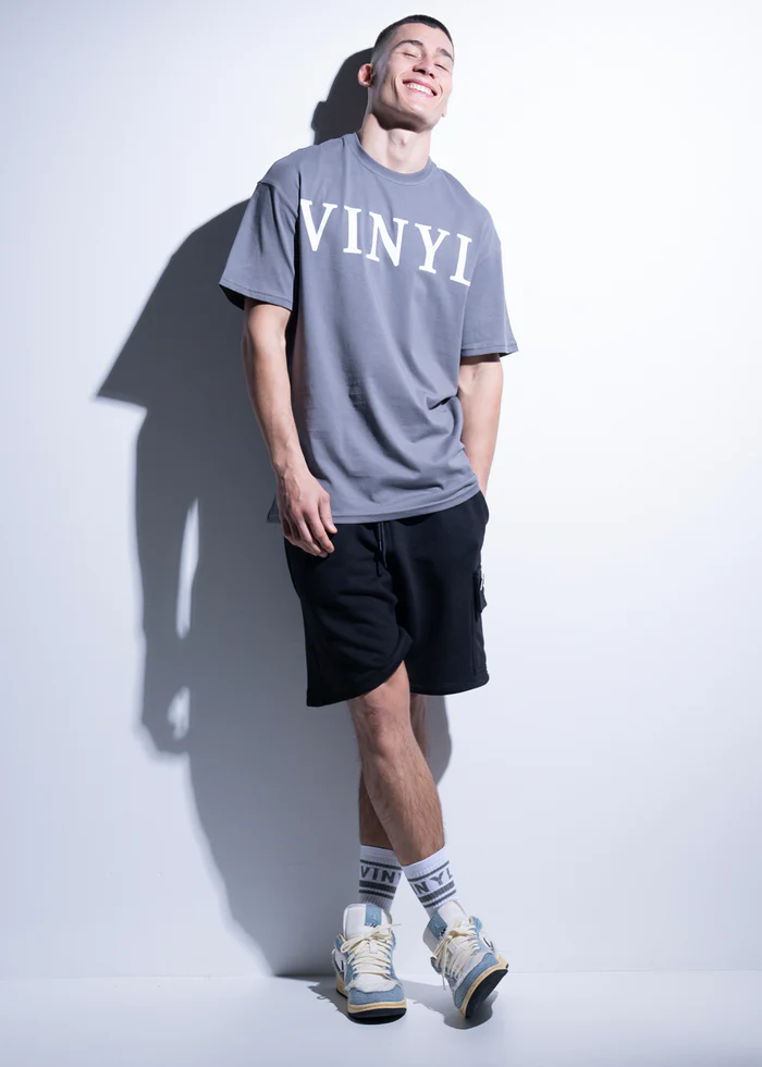 VINYL t-shirt unisex spring-summer 2024 c.20100 CHEST PRINT OVERSIZED 100% βαμβακερό με στάμπα ΓΚΡΙ